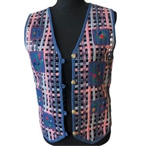 VTG 1990s Floral Patch Embroidered Latice Vest Country Cottagecore Americana M